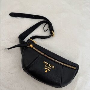 Prada Vitello Daino Black Leather Crossbody Bag with Gold Accents